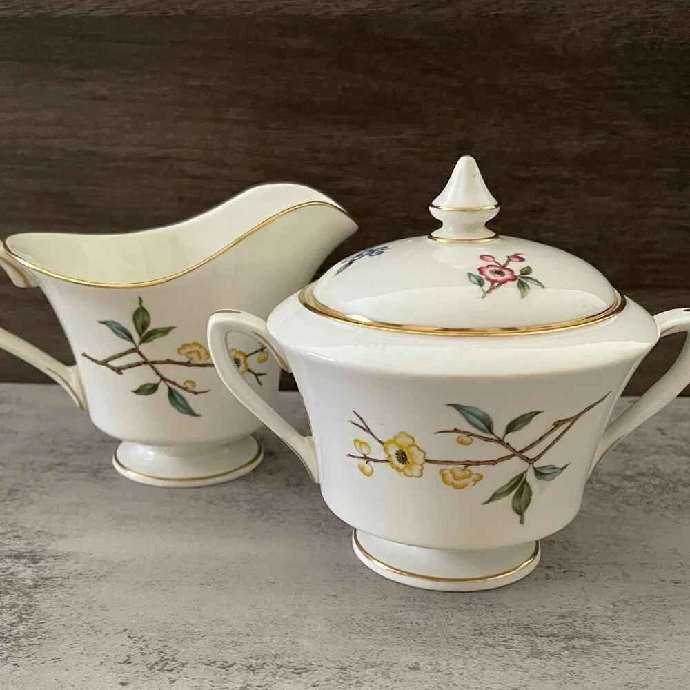 Vintage Royal Worcester Blossom Time Covered Sugar Creamer 3-PC Bone China MINT